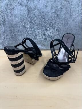 Lulu Townsend Black Strappy Espadrille Heels with Striped Block Heel